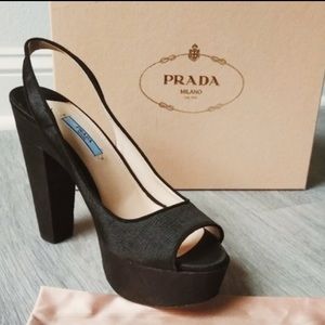 🌲❤️ NEW PRADA Black Platform Slingback Chunky Sexy Heels US 10.5 Peep Toe ❤️🌲